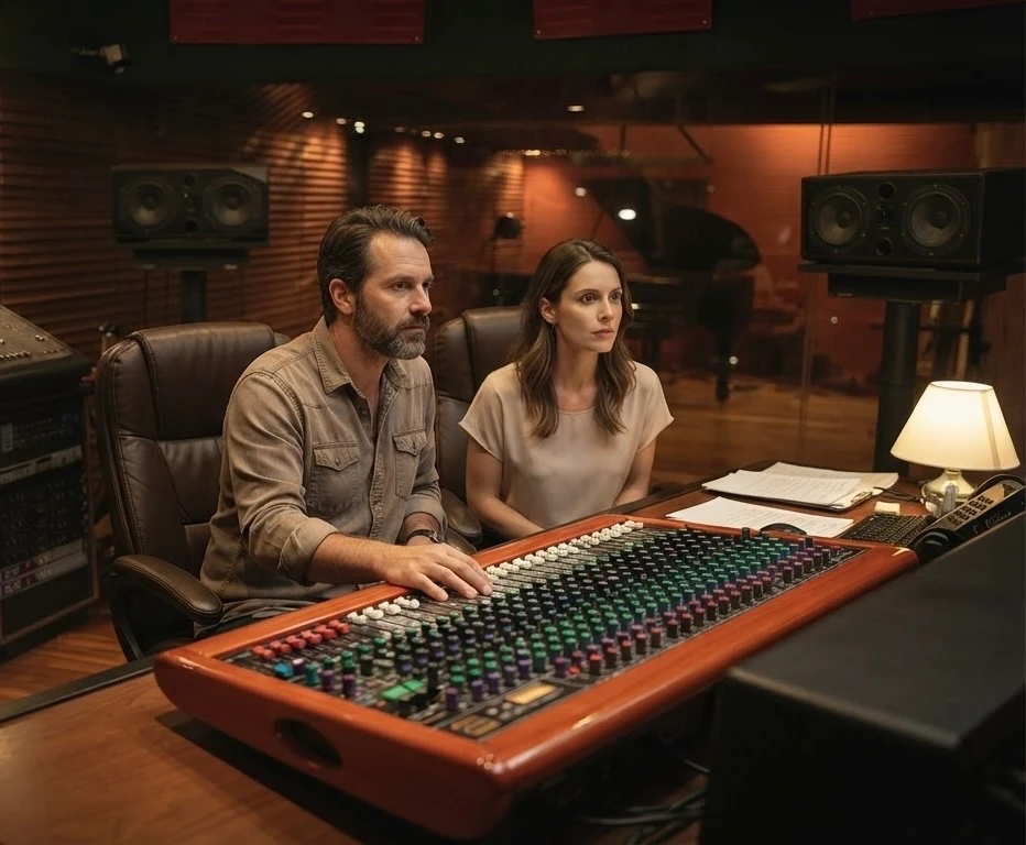 Productor y artista escuchando y tomando decisiones creativas en el estudio