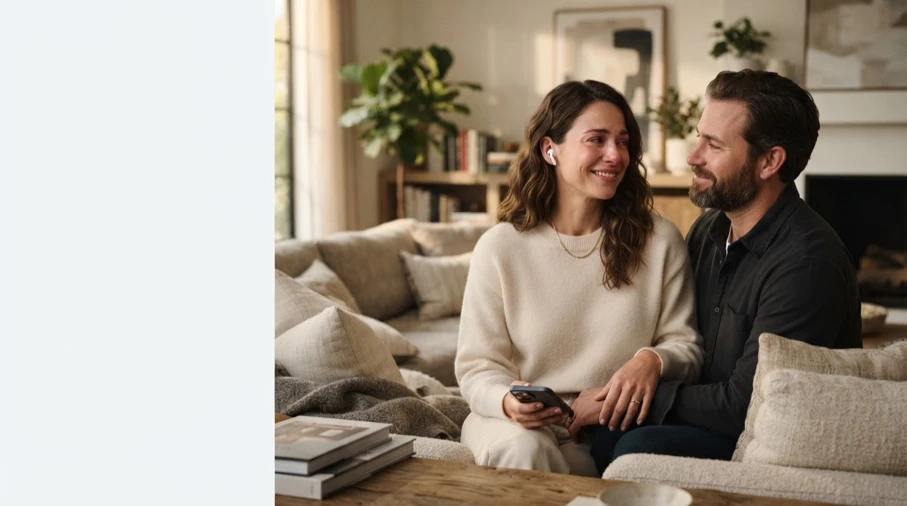 Pareja emocionada escuchando una canción personalizada como regalo